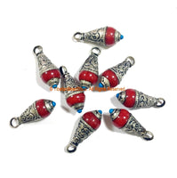2 PENDANTS - Tibetan Red Jade Charm Pendants with Repousse Tibetan Silver Caps and Turquoise Accent - Boho Ethnic Charms - WM3906-2