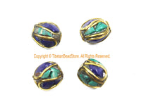 4 BEADS Tibetan Lapis, Turquoise, Brass Inlay Beads - Tibetan Beads Tribal Beads - 9mm x 10mm Handmade Tube Inlay Beads - B3510-4