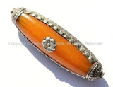 LONG Tibetan Amber Color Resin Bead with Repousse Handcarved Tibetan Silver Band & Caps - Ethnic Tribal Tibetan Amber Beads - B2525-1