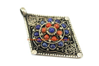Ethnic Filigree Diamond Kite-shape Nepal Tibetan Pendant with Lapis, Coral Bead Inlays - Ethnic Handmade Jewelry - WM7710