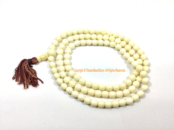 7mm Size White Bone Tibetan Mala Prayer Beads - 108 Beads - Beautiful Smooth Hand Selected Beads - Quality Bone Mala Prayer Beads - PB206