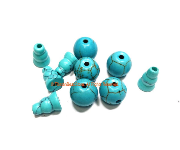 3 SETS Turquoise Tibetan Guru Bead Sets - 9mm-10mm size Howlite Turquoise 3 Hole Guru Beads - Tibetan Prayer Beads Mala Guru Beads - GB52-3