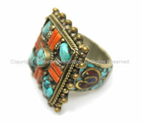 LARGE Ethnic Tribal Tibetan Ring with Turquoise, Coral Inlays (SIZE 10.5)- Tibet Ring Handmade Tibetan Jewelry by TibetanBeadStore- R8-10.5