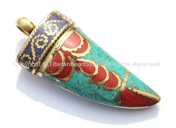 Tibetan Horn Tusk Amulet Pendant with Brass, Turquoise, Lapis & Copal Coral Inlays - Boho Tribal Ethnic Tibetan Horn Amulet - WM5042