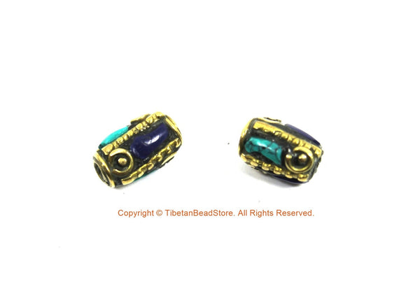 2 BEADS Tibetan Lapis, Turquoise, Brass Inlay Tube Beads - Tibetan Beads Tribal Beads - 8mm x 12mm Handmade Tube Inlay Beads - B3455-2