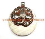 LARGE Antiqued Look Tribal Tibetan Naga Conch Shell Disc Pendant with Repousse Tibetan Silver Phoenix Bird & Lotus Floral Details - WM7191
