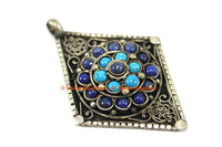 Ethnic Filigree Diamond Kite-shape Nepal Tibetan Pendant with Lapis, Turquoise Bead Inlays - Ethnic Handmade Jewelry - WM7708