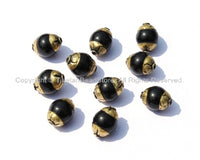 2 BEADS - Tibetan Small Black Onyx Beads with Brass Caps - Small Ethnic Tibetan Beads - Brass Cap Black Onyx - B2568-2