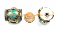 2 BEADS - LARGE Tibetan Brass Barrel Shape Tube Beads with 3-sided Turquoise Inlays - Big Ethnic Handmade Nepal Tibetan Focal Bead - B3101-2