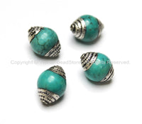 4 BEADS - Ethnic Tibetan Turquoise Beads with Tibetan Silver Caps - Ethnic Nepal Tibetan Artisan Handmade Beads - B1805-4