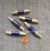 BIG Long Lapis Lazuli Bead with 92.5 Sterling Silver Caps - 1 BEAD Handmade Silver Floral Design Caps & Gemstone Beads Lapis Beads - B3355-1