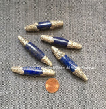 BIG Long Lapis Lazuli Bead with 92.5 Sterling Silver Caps - 1 BEAD Handmade Silver Floral Design Caps & Gemstone Beads Lapis Beads - B3355-1