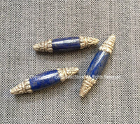 2 BEADS BIG Long Lapis Lazuli Beads with 92.5 Sterling Silver Caps - Ornate Silver Floral Design Caps & Gemstone Beads Lapis Beads - B3355-2