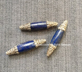 2 BEADS BIG Long Lapis Lazuli Beads with 92.5 Sterling Silver Caps - Ornate Silver Floral Design Caps & Gemstone Beads Lapis Beads - B3355-2