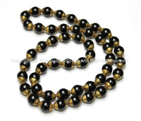 2 BEADS - Tibetan Black Onyx Beads with Brass Caps - Ethnic Nepal Tibetan Artisan Handmade Beads -  B1808-2