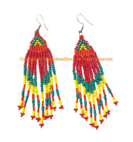 Ethnic Beaded Fringe Tassel Earrings with Multi-colored Beads - Boho Beadwork Earrings - Handmade Jewelry - E27