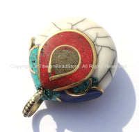 Tibetan White Crackle Resin Copal Reversible Pendant with Brass, Lapis, Turquoise & Copal Coral Inlay Cap - WM4877