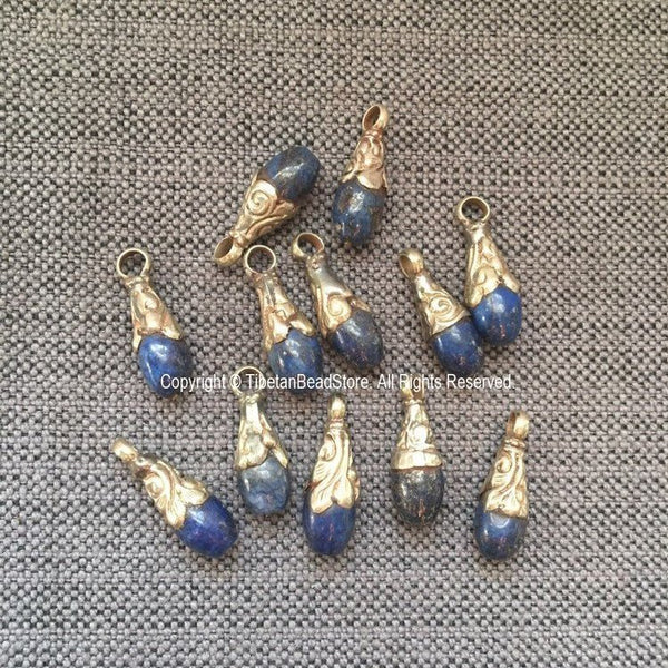 Ethnic Tribal Tibetan Lapis Drop Charm Pendant - Handmade Jewelry - Lapis Drops with Tibetan Silver Floral Bail - WM7795