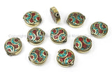 10 BEADS Ethnic Tibetan Beads with Brass, Turquoise, Coral Inlays - TibetanBeadStore - Brass Inlay Beads Nepal Tibetan Beads B2771-10