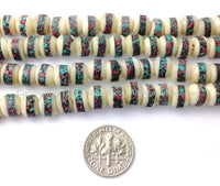 50 BEADS - 8mm Size Tibetan White Bone Beads with Turquoise & Coral Inlays - Mala Making Supply - LPB27-50