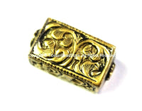 Repousse Carved Brass Rectangular Box Shaped Tibetan Bead with Scroll & Floral Details - 1 Bead - Handmade Tibetan Pendant Beads - B2441