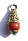 Ethnic Tibetan Red Jade Charm Pendant with Brass Caps and Turquoise Color Bead Accent - Charms & Findings - TibetanBeadStore - WM4009-1