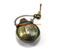 Kalachakra Mantra Tibetan Brass Snuff Perfume Bottle Pendant with Glass Bead Inlays - 38mm x 50mm - Ethnic Tribal 3 Metals Pendant - WM7267