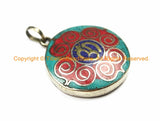 Om & Mandala Nepal Tibetan Pendant with Lapis, Turquoise, Coral Inlays - Mandala Pendant - Om Aum Ohm Meditation Yoga Jewelry - WM7137B