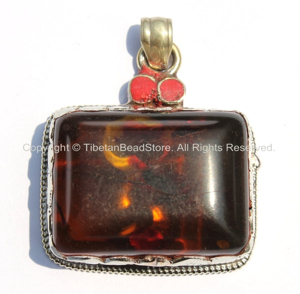 Tibetan Rectangular Box-shaped Amber Copal Resin Pendant with Repousse Tibetan Silver & Copal Accents - Ethnic Amber Focal Pendant - WM4058