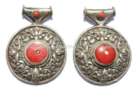 Large Ethnic Tibetan Pendant with Repousse Carved Lotus Floral Details & Red Coral Inlays - Large Ethnic Tribal Tibetan Pendant - WM5432