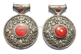 Large Ethnic Tibetan Pendant with Repousse Carved Lotus Floral Details & Red Coral Inlays - Large Ethnic Tribal Tibetan Pendant - WM5432