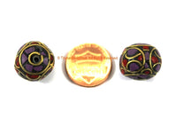 4 BEADS Thick Tibetan Floral Beads with Purple Howlite & Coral Inlays Roundelle Rondelle - Ethnic Nepal Tibetan Beads - B3335-4