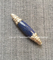 BIG Long Lapis Lazuli Bead with 92.5 Sterling Silver Caps - 1 BEAD Handmade Silver Floral Design Caps & Gemstone Lapis Beads - B3355B-1