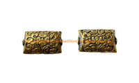 2 BEADS - Tibetan Carved Rectangle Brass Beads with Repousse Floral Details - Tibetan Jewelry Supplies - Tibetan Beads - B1372B-2