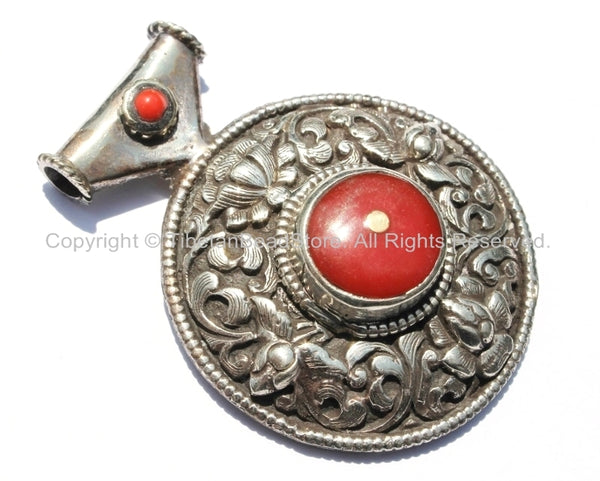 Large Ethnic Tibetan Pendant with Repousse Carved Lotus Floral Details & Red Coral Inlays - Large Ethnic Tribal Tibetan Pendant - WM5432