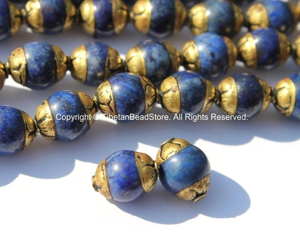 2 BEADS - Tibetan Small Lapis Beads with Repousse Brass Caps - Ethnic Tribal Artisan Handmade Nepalese Tibetan Beads - B2494-2
