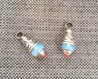 2 CHARMS Ethnic Tribal Tibetan Milky Opalite Drop Charm Pendant with Tibetan Silver Caps - Small Opalite Drops Tibetan Jewelry - WM7805-2