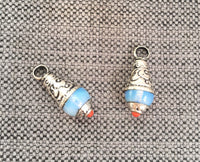 Ethnic Tribal Tibetan Milky Opalite Drop Charm Pendant with Tibetan Silver Caps - 1 CHARM - Small Opalite Drops Tibetan Jewelry - WM7805-1