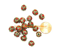 2 BEADS Tibetan Ethnic Beads Coral, Brass Inlay Beads - Red Beads 9mm x 10mm Tibetan Beads - Handmade Inlay Beads - B3509-2