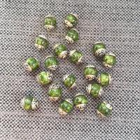 20 BEADS - Tibetan Mossy Green Stone Beads with Repousse Floral Caps - Handmade Ethnic Beads - Tibetan Jewelry TibetanBeadStore - B3457-20