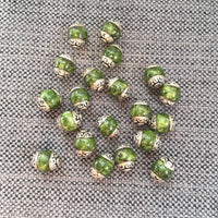 4 BEADS - Tibetan Mossy Green Stone Beads with Repousse Floral Caps - Handmade Ethnic Beads - Tibetan Jewelry TibetanBeadStore - B3457-4