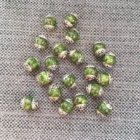 10 BEADS - Tibetan Mossy Green Stone Beads with Repousse Floral Caps - Handmade Ethnic Beads - Tibetan Jewelry TibetanBeadStore - B3457-10