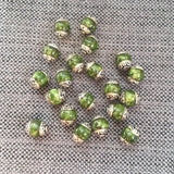 10 BEADS - Tibetan Mossy Green Stone Beads with Repousse Floral Caps - Handmade Ethnic Beads - Tibetan Jewelry TibetanBeadStore - B3457-10