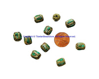 4 BEADS Tibetan Barrel Shape Beads with Brass, Turquoise Inlays - Ethnic Nepal Tibetan Beads - B3521-4
