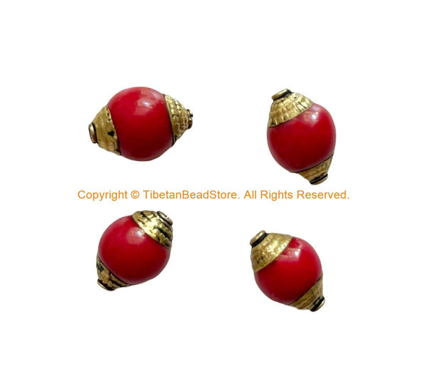 4 BEADS - Tibetan Red Coral Resin Beads with Brass Caps - Nepal Tibetan Beads Pendants Jewelry - TibetanBeadStore - B3523-4