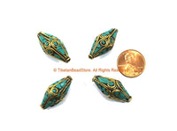 4 BEADS Tibetan Bicone Beads with Brass & Turquoise Inlays by TibetanBeadStore - Turquoise Beads Brass Inlay Beads Nepal Beads B3320B-4
