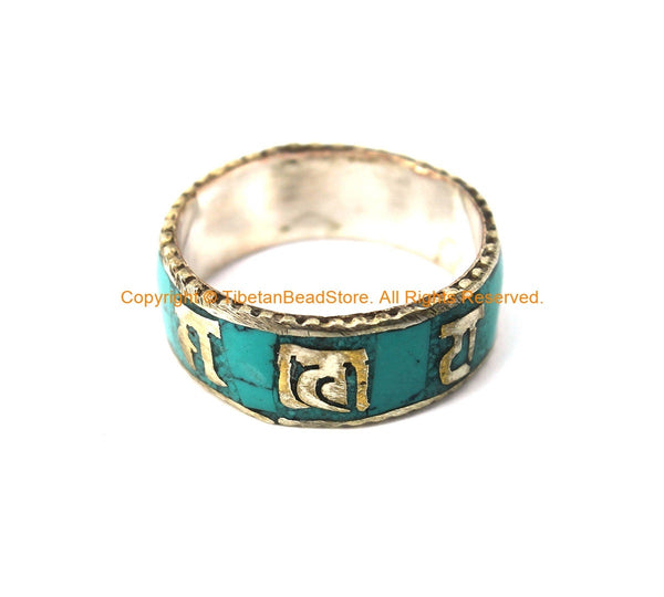 Handmade Tibetan Turquoise Inlay Mantra Ring - Om Mani Padme Hung - R340T