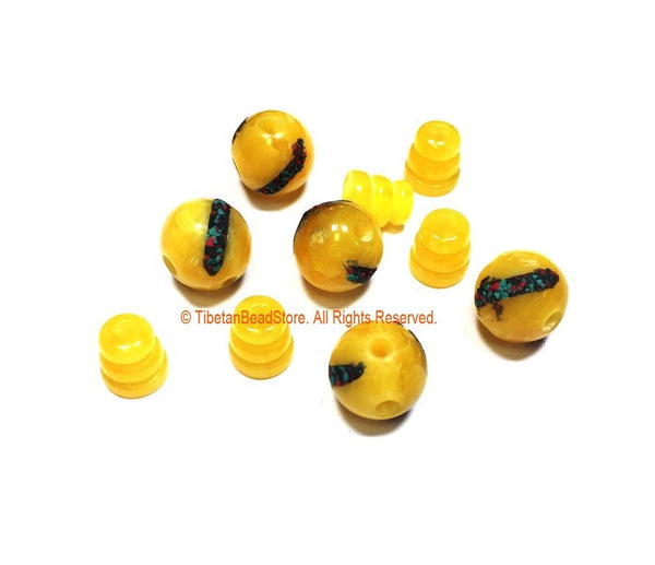 3 SETS Tibetan Amber Color Resin Guru Bead Set with Inlays - Tibetan Guru Beads - Inlaid Resin Guru Beads - Mala Supplies - GB53-3