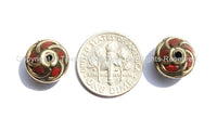 10 BEADS - Tibetan Floral Beads with Brass, Coral Inlays - Tibetan Beads - Floral Tibetan Brass Inlay Beads - B2597-10