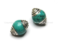 2 BEADS - Ethnic Tibetan Turquoise Beads with Tibetan Silver Caps - Ethnic Nepal Tibetan Artisan Handmade Beads - B1805-2